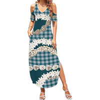 Dark Cyan Hawaii Tiare and Shell Lei Summer Maxi Dress Hawaiian Palaka Luxury Vibes - Polynesian Pride