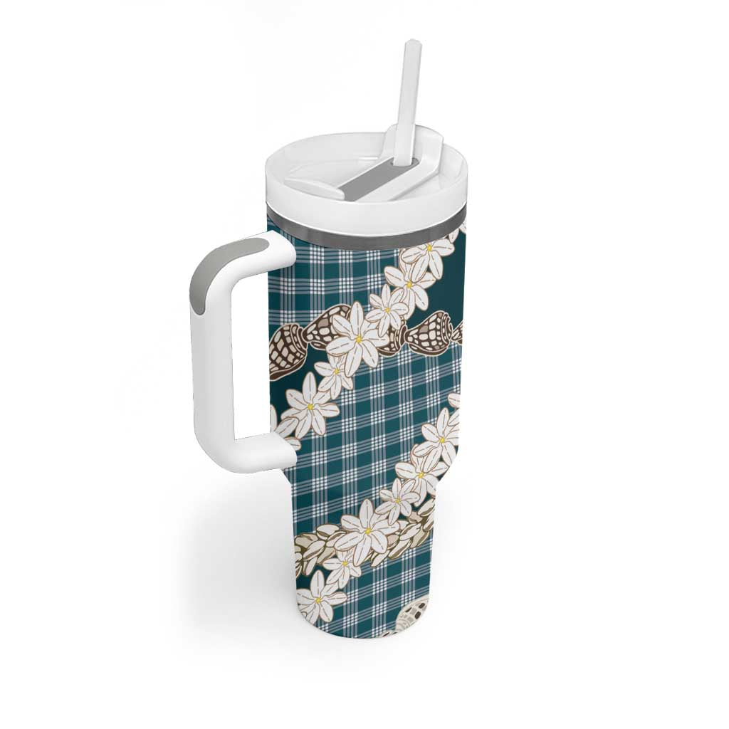 Dark Cyan Hawaii Tiare and Shell Lei Tumbler With Handle Hawaiian Palaka Luxury Vibes - Polynesian Pride