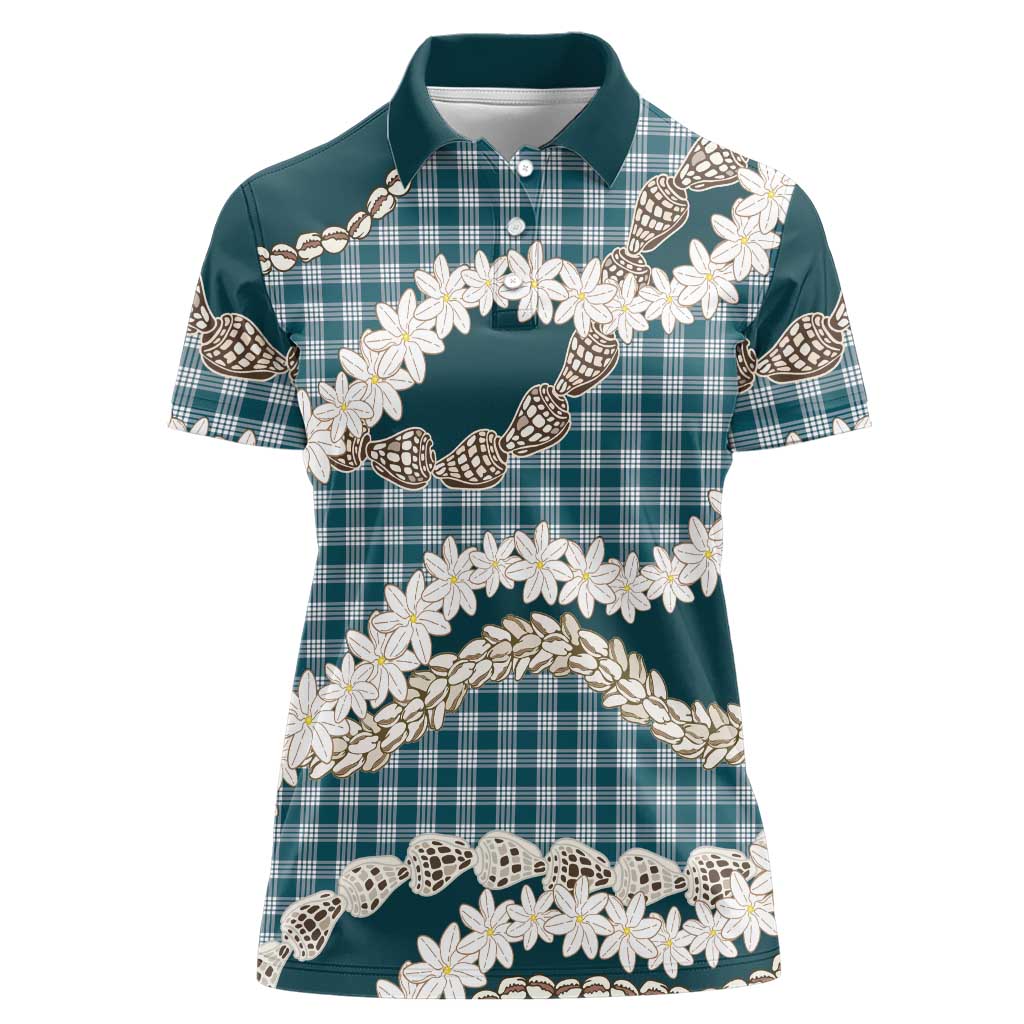 Dark Cyan Hawaii Tiare and Shell Lei Women Polo Shirt Hawaiian Palaka Luxury Vibes - Polynesian Pride