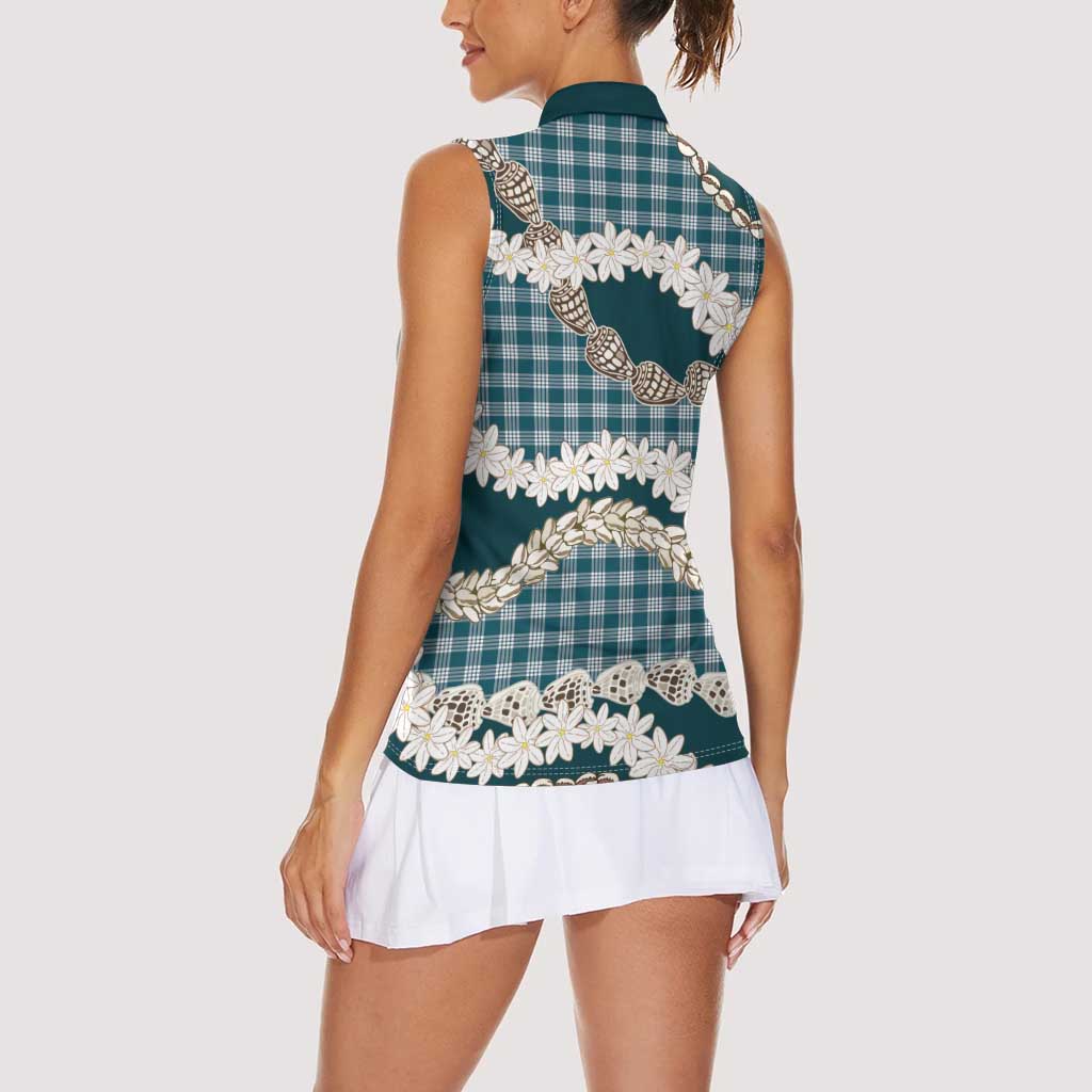 Dark Cyan Hawaii Tiare and Shell Lei Women Sleeveless Polo Shirt Hawaiian Palaka Luxury Vibes - Polynesian Pride