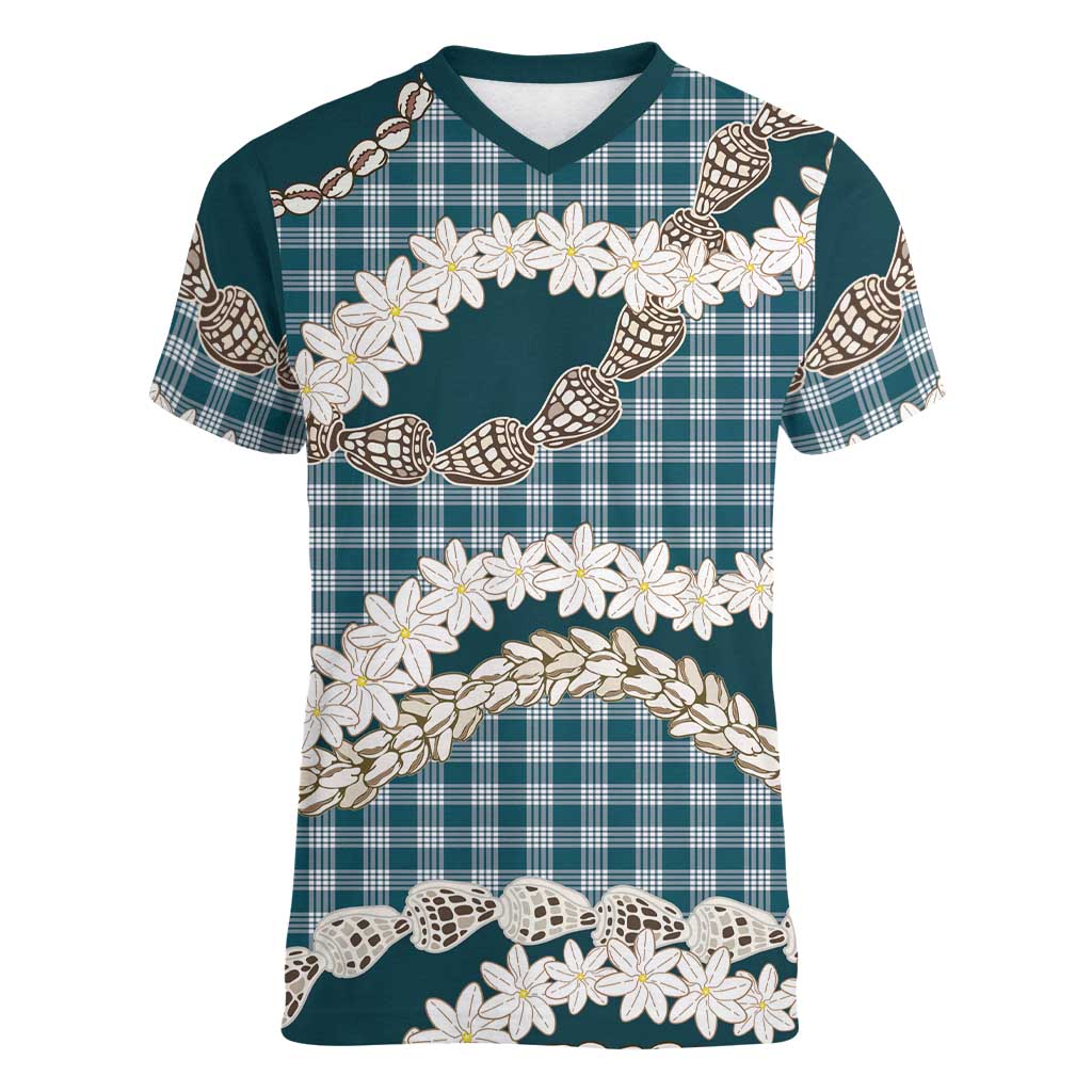 Dark Cyan Hawaii Tiare and Shell Lei Women V-Neck T-Shirt Hawaiian Palaka Luxury Vibes LT14 Female Dark Cyan - Polynesian Pride