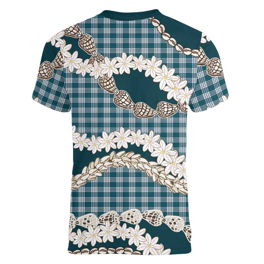 Dark Cyan Hawaii Tiare and Shell Lei Women V-Neck T-Shirt Hawaiian Palaka Luxury Vibes LT14 - Polynesian Pride
