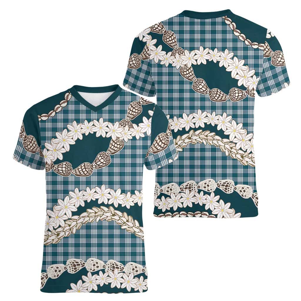 Dark Cyan Hawaii Tiare and Shell Lei Women V-Neck T-Shirt Hawaiian Palaka Luxury Vibes LT14 - Polynesian Pride