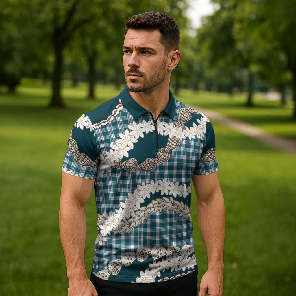 Dark Cyan Hawaii Tiare and Shell Lei Zipper Polo Shirt Hawaiian Palaka Luxury Vibes - Polynesian Pride