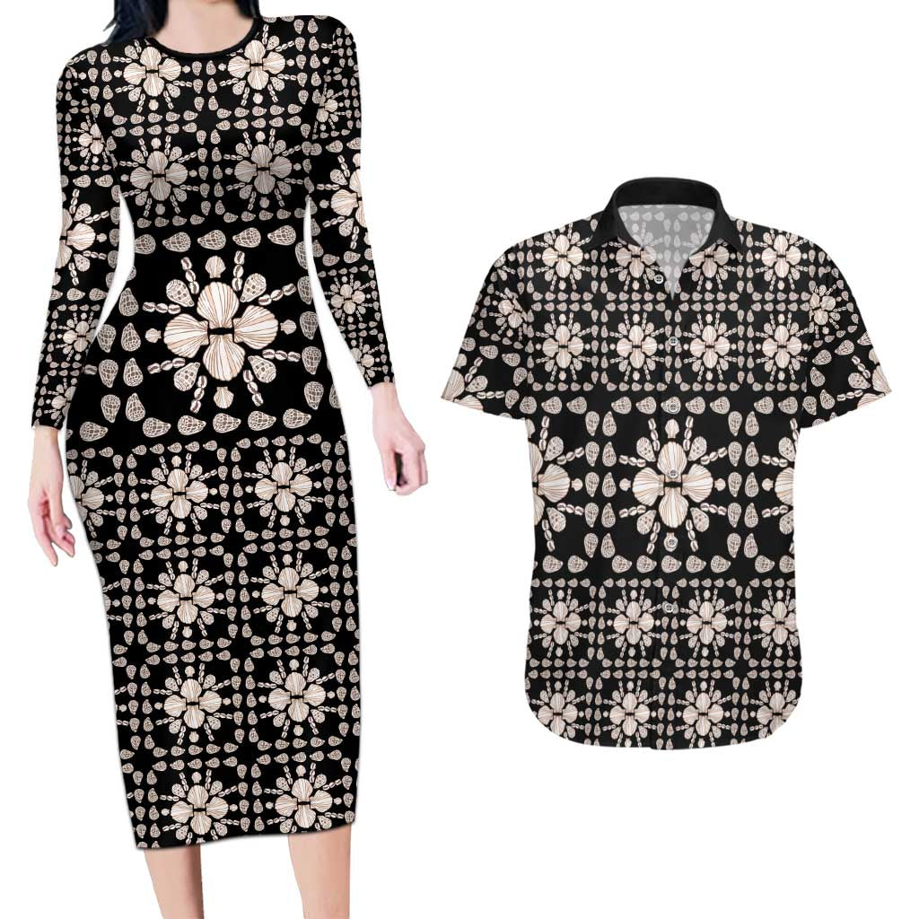 Aloha Hawaii Shell Quilt Couples Matching Long Sleeve Bodycon Dress and Hawaiian Shirt Seamless Style LT14 Black - Polynesian Pride