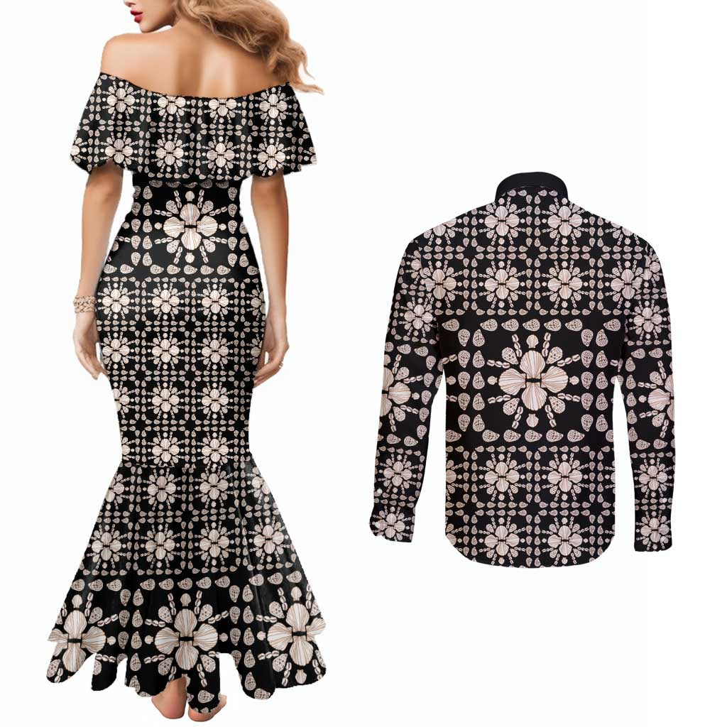 Aloha Hawaii Shell Quilt Couples Matching Mermaid Dress and Long Sleeve Button Shirt Seamless Style - Polynesian Pride