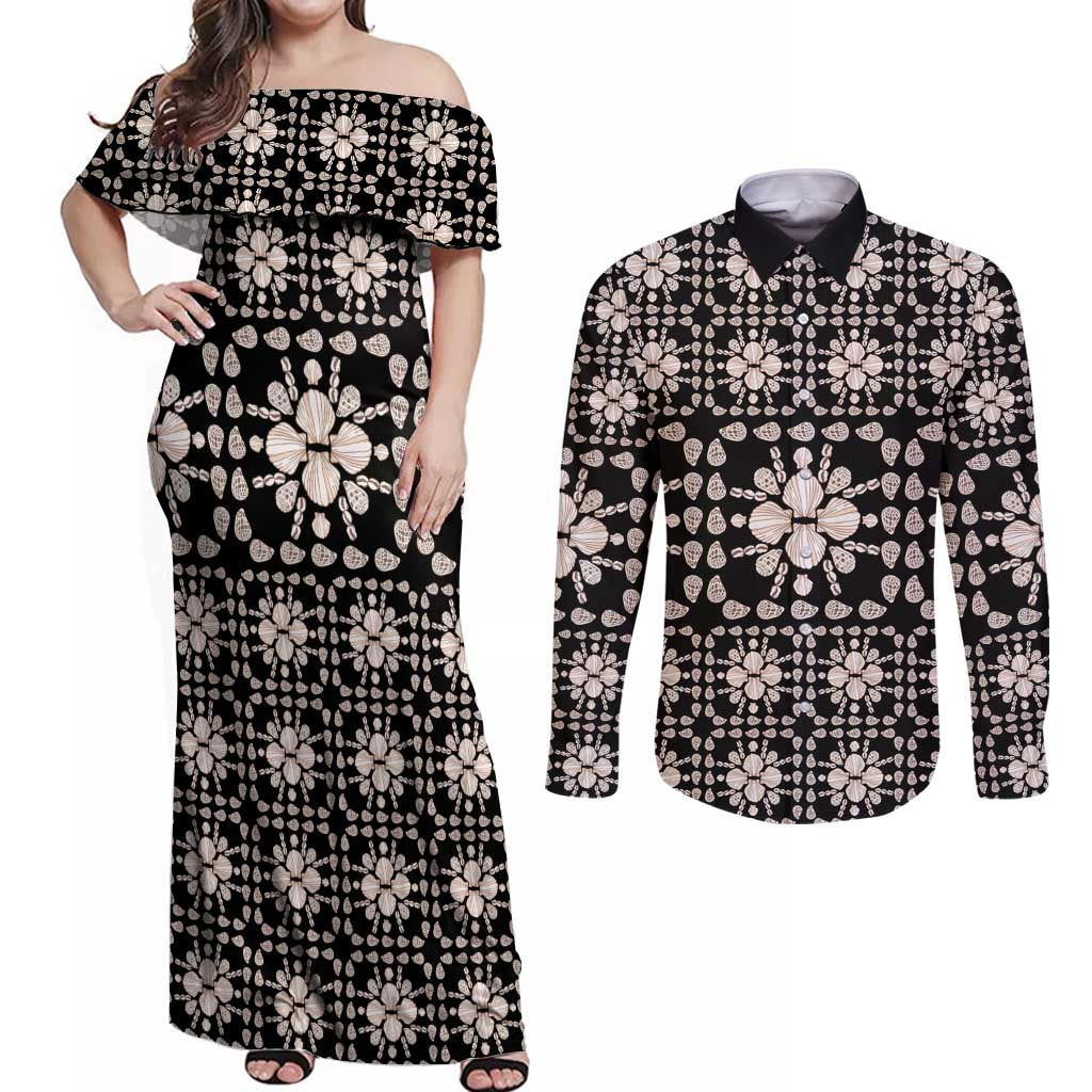 Aloha Hawaii Shell Quilt Couples Matching Off Shoulder Maxi Dress and Long Sleeve Button Shirt Seamless Style - Polynesian Pride