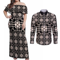 Aloha Hawaii Shell Quilt Couples Matching Off Shoulder Maxi Dress and Long Sleeve Button Shirt Seamless Style - Polynesian Pride