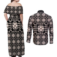 Aloha Hawaii Shell Quilt Couples Matching Off Shoulder Maxi Dress and Long Sleeve Button Shirt Seamless Style - Polynesian Pride