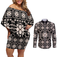 Aloha Hawaii Shell Quilt Couples Matching Off Shoulder Short Dress and Long Sleeve Button Shirt Seamless Style - Polynesian Pride