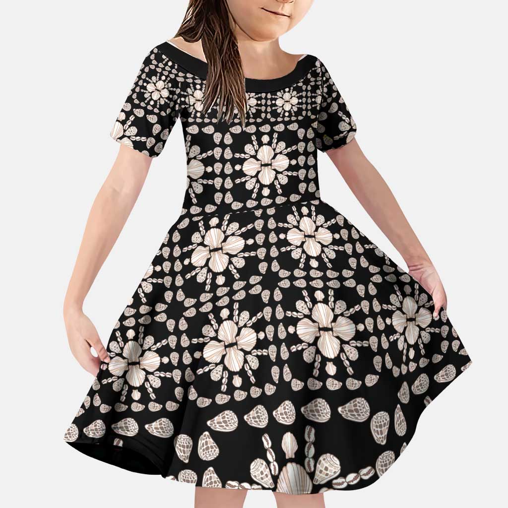 Aloha Hawaii Shell Quilt Family Matching Off The Shoulder Long Sleeve Dress and Hawaiian Shirt Seamless Style LT14 Daughter's Dress Black - Polynesian Pride