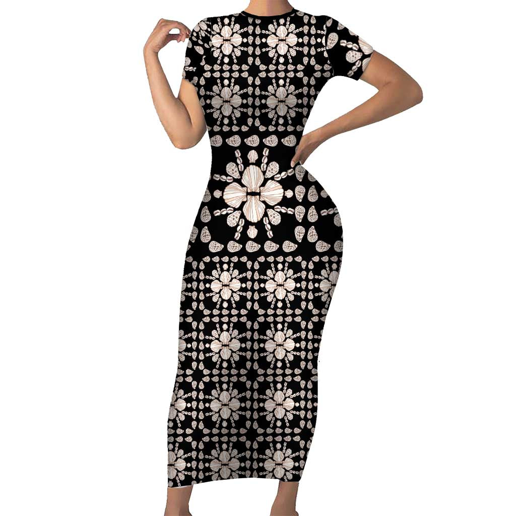 Aloha Hawaii Shell Quilt Family Matching Short Sleeve Bodycon Dress and Hawaiian Shirt Seamless Style LT14 Mom's Dress Black - Polynesian Pride