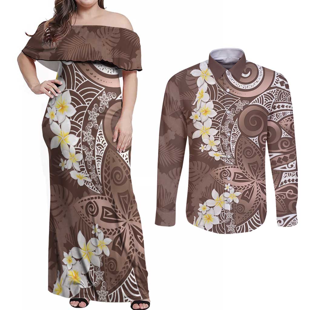 Mocha Mousse Polynesian Tribal Frangipani Tropical Vibe Couples Matching Off Shoulder Maxi Dress and Long Sleeve Button Shirt