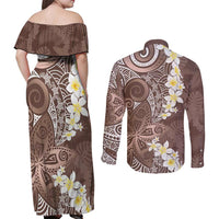 Mocha Mousse Polynesian Tribal Frangipani Tropical Vibe Couples Matching Off Shoulder Maxi Dress and Long Sleeve Button Shirt