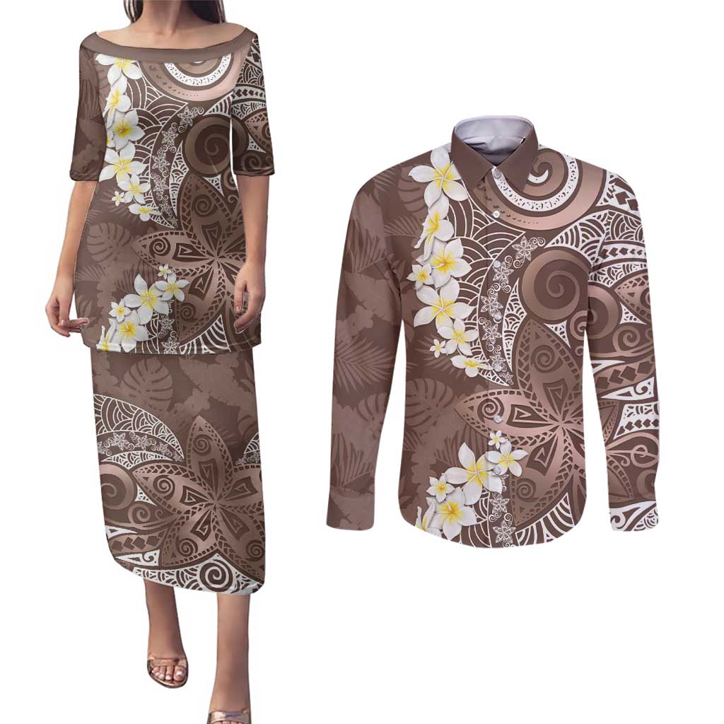 Mocha Mousse Polynesian Tribal Frangipani Tropical Vibe Couples Matching Puletasi and Long Sleeve Button Shirt