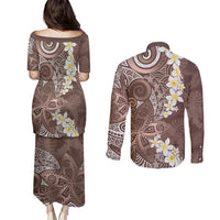 Mocha Mousse Polynesian Tribal Frangipani Tropical Vibe Couples Matching Puletasi and Long Sleeve Button Shirt