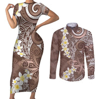 Mocha Mousse Polynesian Tribal Frangipani Tropical Vibe Couples Matching Short Sleeve Bodycon Dress and Long Sleeve Button Shirt
