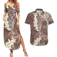 Mocha Mousse Polynesian Tribal Frangipani Tropical Vibe Couples Matching Summer Maxi Dress and Hawaiian Shirt