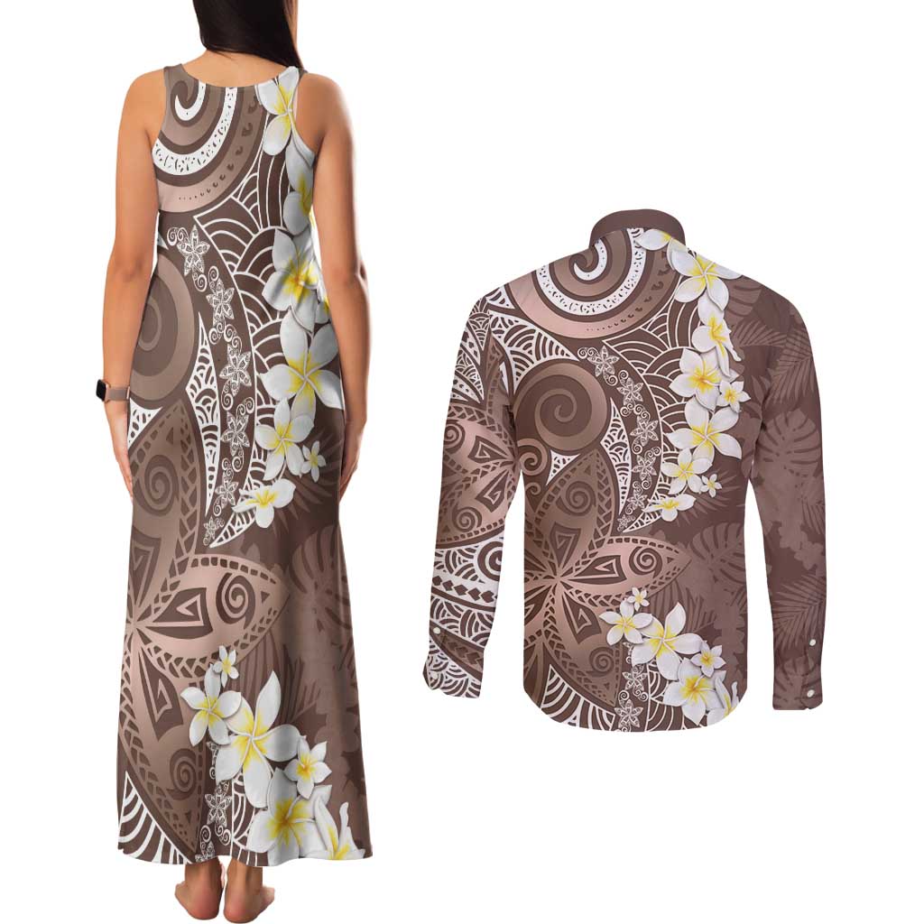 Mocha Mousse Polynesian Tribal Frangipani Tropical Vibe Couples Matching Tank Maxi Dress and Long Sleeve Button Shirt