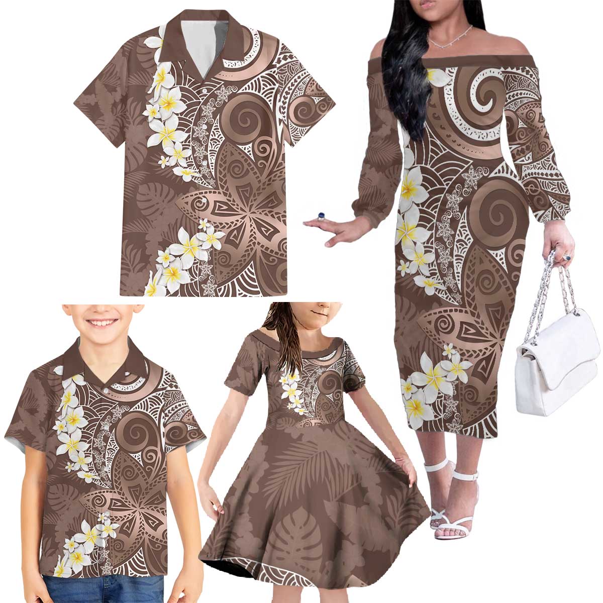 Mocha Mousse Polynesian Tribal Frangipani Tropical Vibe Family Matching Off The Shoulder Long Sleeve Dress and Hawaiian Shirt
