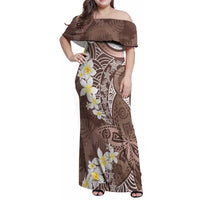 Mocha Mousse Polynesian Tribal Frangipani Tropical Vibe Family Matching Off Shoulder Maxi Dress and Hawaiian Shirt