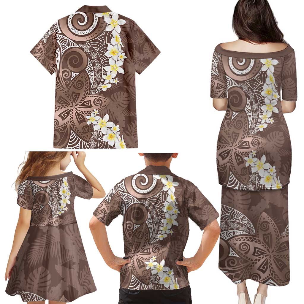 Mocha Mousse Polynesian Tribal Frangipani Tropical Vibe Family Matching Puletasi and Hawaiian Shirt