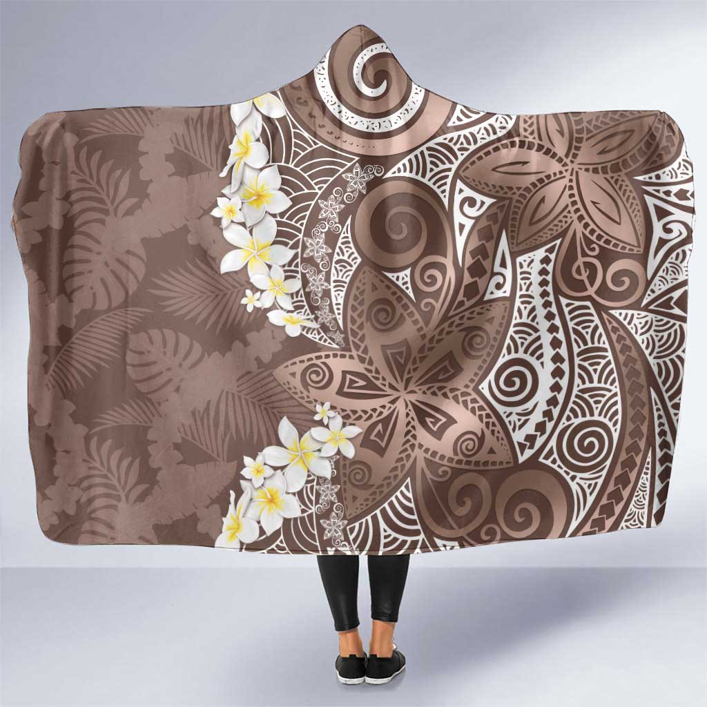 Mocha Mousse Polynesian Tribal Frangipani Tropical Vibe Hooded Blanket