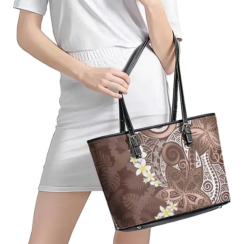 Mocha Mousse Polynesian Tribal Frangipani Tropical Vibe Leather Tote Bag