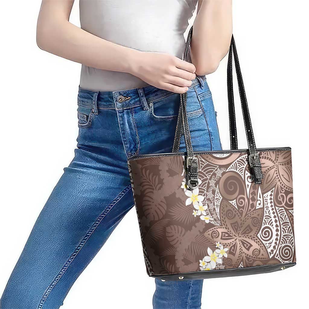 Mocha Mousse Polynesian Tribal Frangipani Tropical Vibe Leather Tote Bag