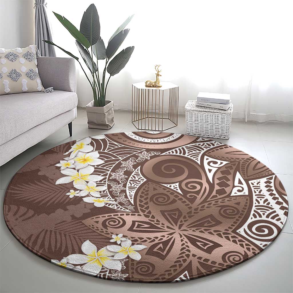 Mocha Mousse Polynesian Tribal Frangipani Tropical Vibe Round Carpet