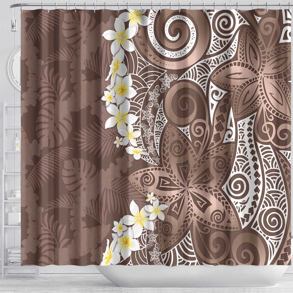 Mocha Mousse Polynesian Tribal Frangipani Tropical Vibe Shower Curtain