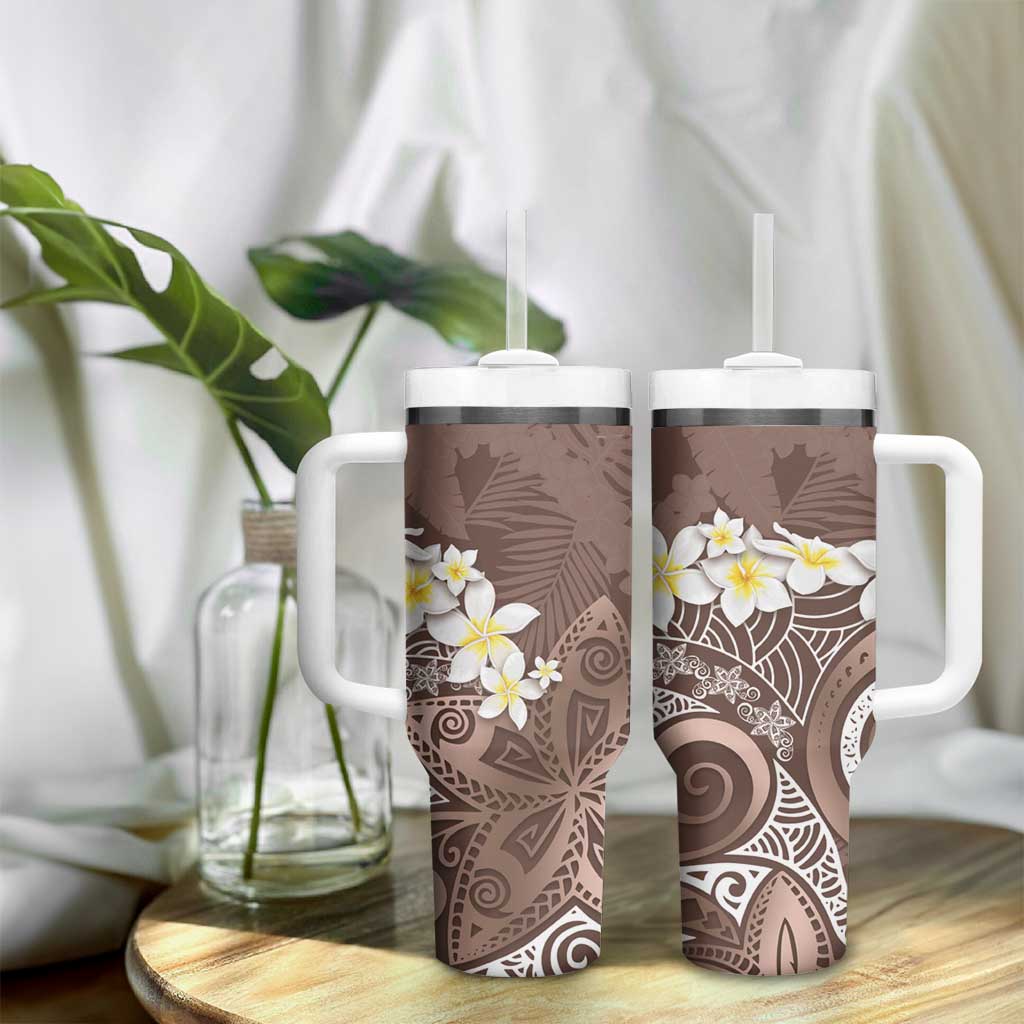Mocha Mousse Polynesian Tribal Frangipani Tropical Vibe Tumbler With Handle