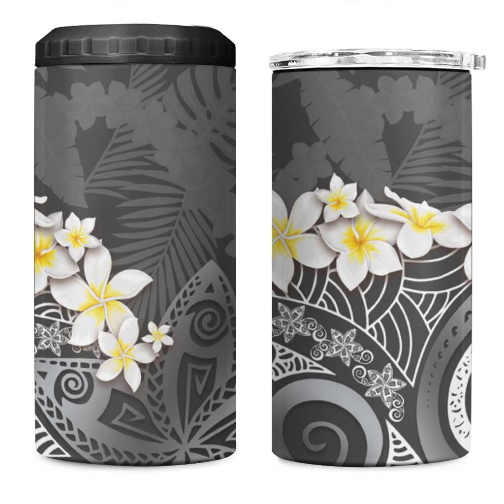 Gray Polynesian Tribal Frangipani Tropical Vibe 4 in 1 Can Cooler Tumbler