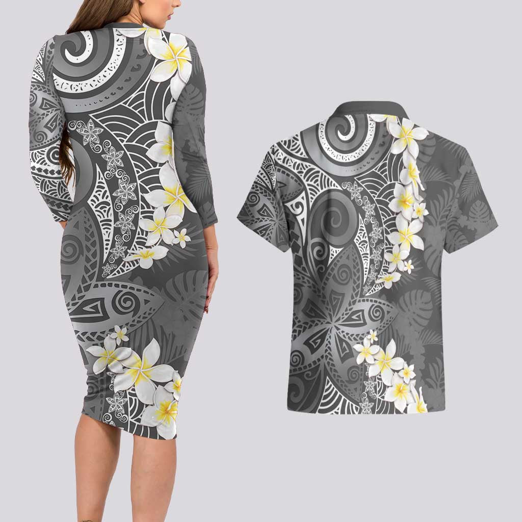 Gray Polynesian Tribal Frangipani Tropical Vibe Couples Matching Long Sleeve Bodycon Dress and Hawaiian Shirt