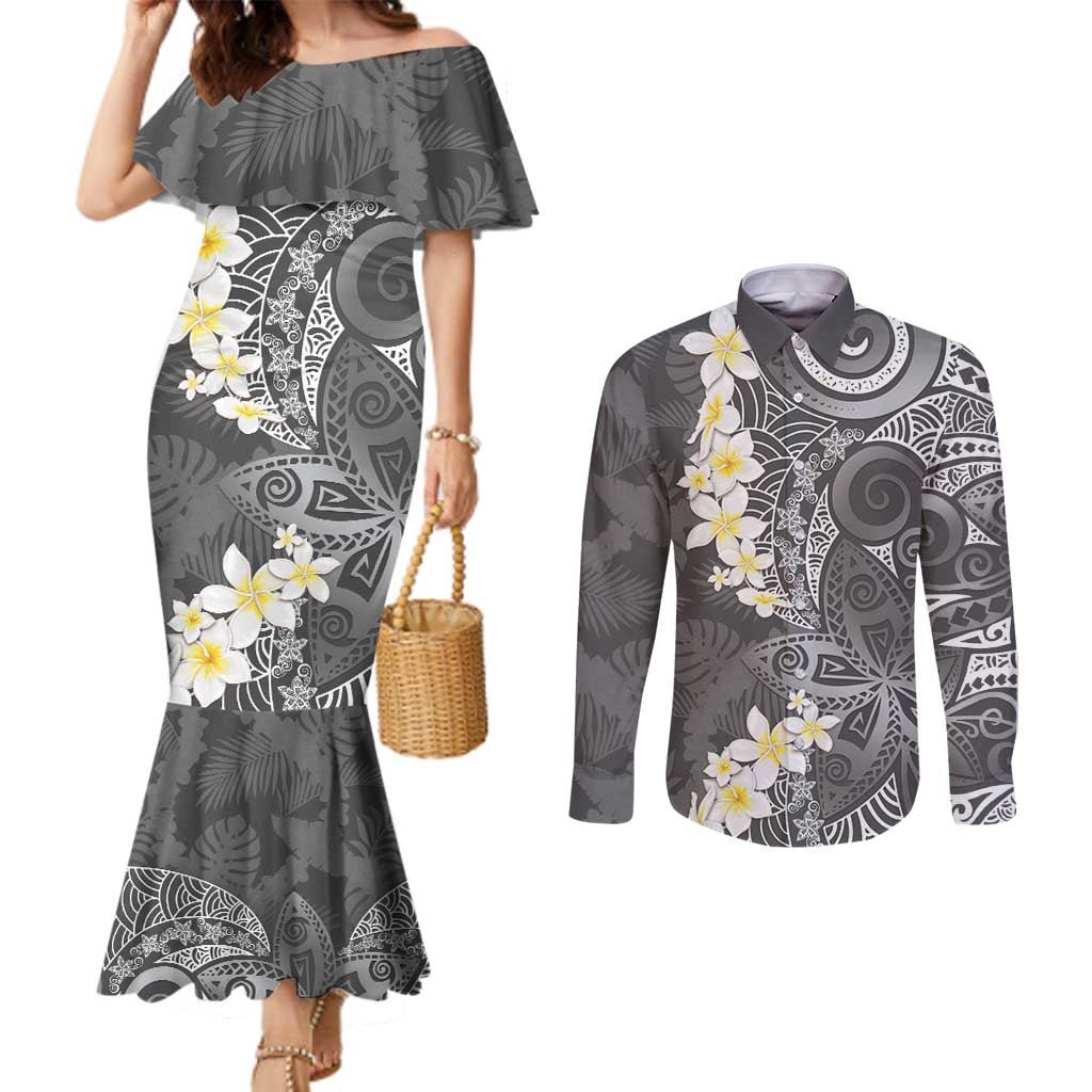 Gray Polynesian Tribal Frangipani Tropical Vibe Couples Matching Mermaid Dress and Long Sleeve Button Shirt