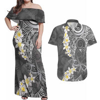 Gray Polynesian Tribal Frangipani Tropical Vibe Couples Matching Off Shoulder Maxi Dress and Hawaiian Shirt