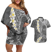 Gray Polynesian Tribal Frangipani Tropical Vibe Couples Matching Off Shoulder Short Dress and Hawaiian Shirt