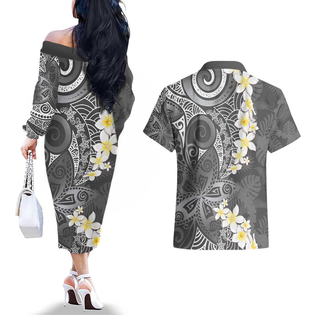 Gray Polynesian Tribal Frangipani Tropical Vibe Couples Matching Off The Shoulder Long Sleeve Dress and Hawaiian Shirt
