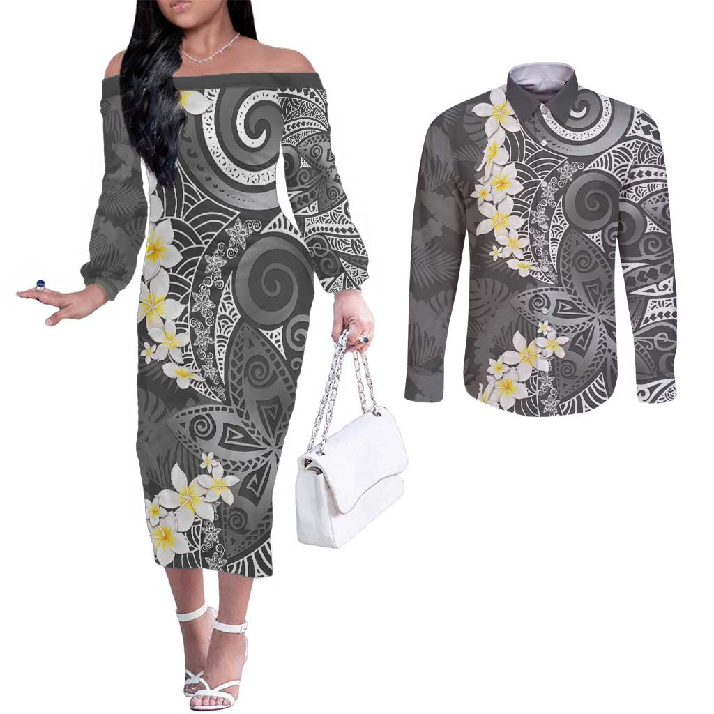 Gray Polynesian Tribal Frangipani Tropical Vibe Couples Matching Off The Shoulder Long Sleeve Dress and Long Sleeve Button Shirt