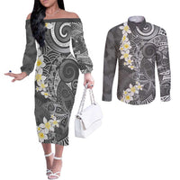 Gray Polynesian Tribal Frangipani Tropical Vibe Couples Matching Off The Shoulder Long Sleeve Dress and Long Sleeve Button Shirt