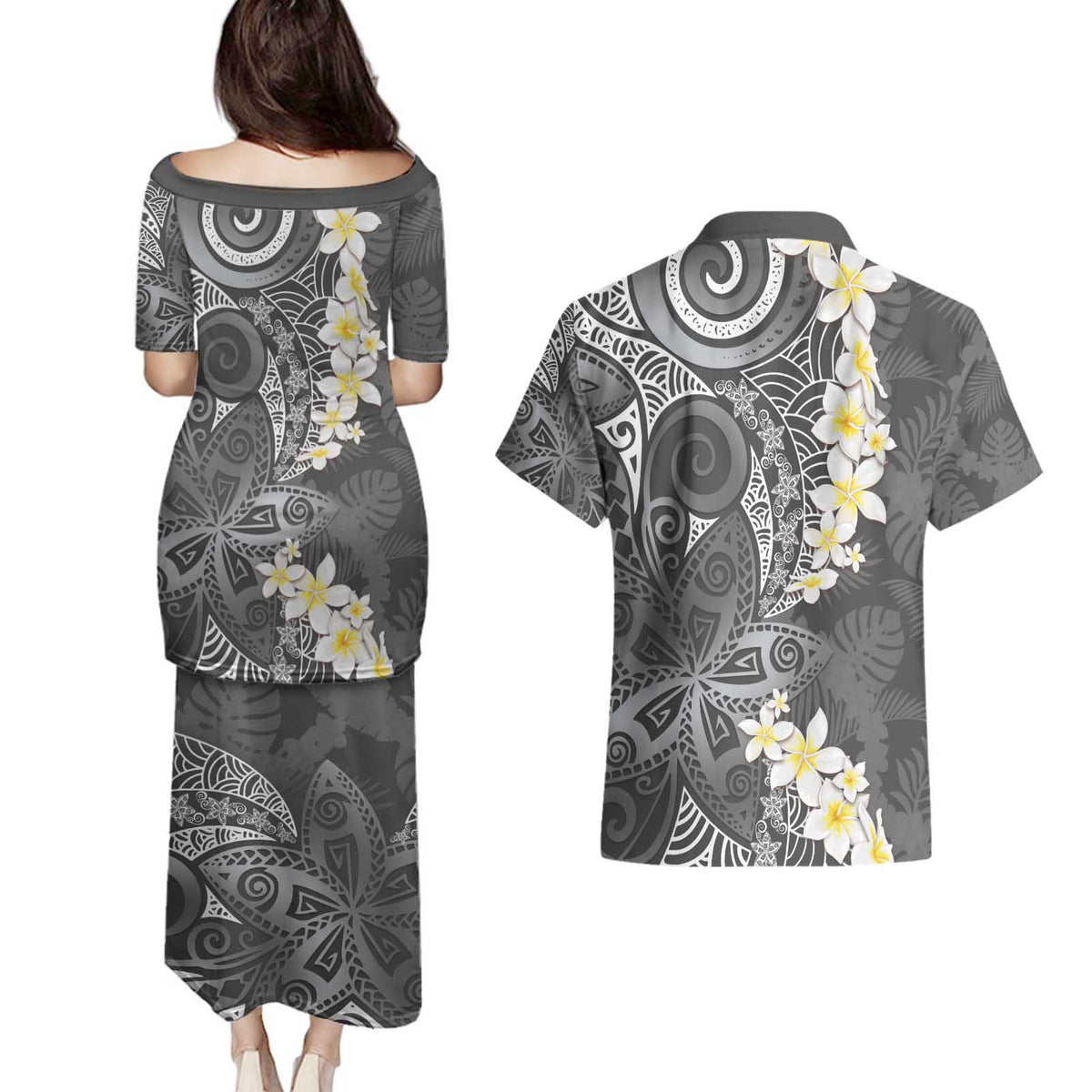Gray Polynesian Tribal Frangipani Tropical Vibe Couples Matching Puletasi and Hawaiian Shirt