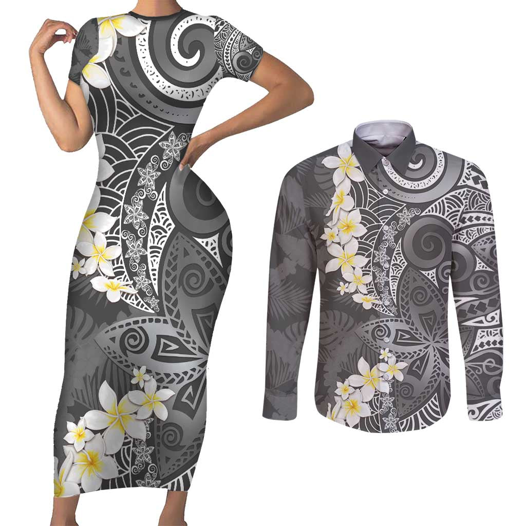 Gray Polynesian Tribal Frangipani Tropical Vibe Couples Matching Short Sleeve Bodycon Dress and Long Sleeve Button Shirt