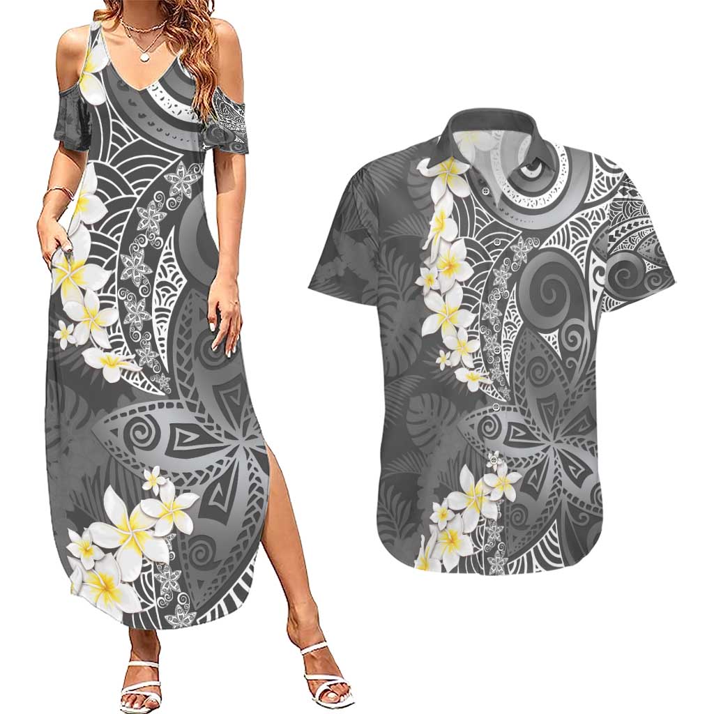 Gray Polynesian Tribal Frangipani Tropical Vibe Couples Matching Summer Maxi Dress and Hawaiian Shirt