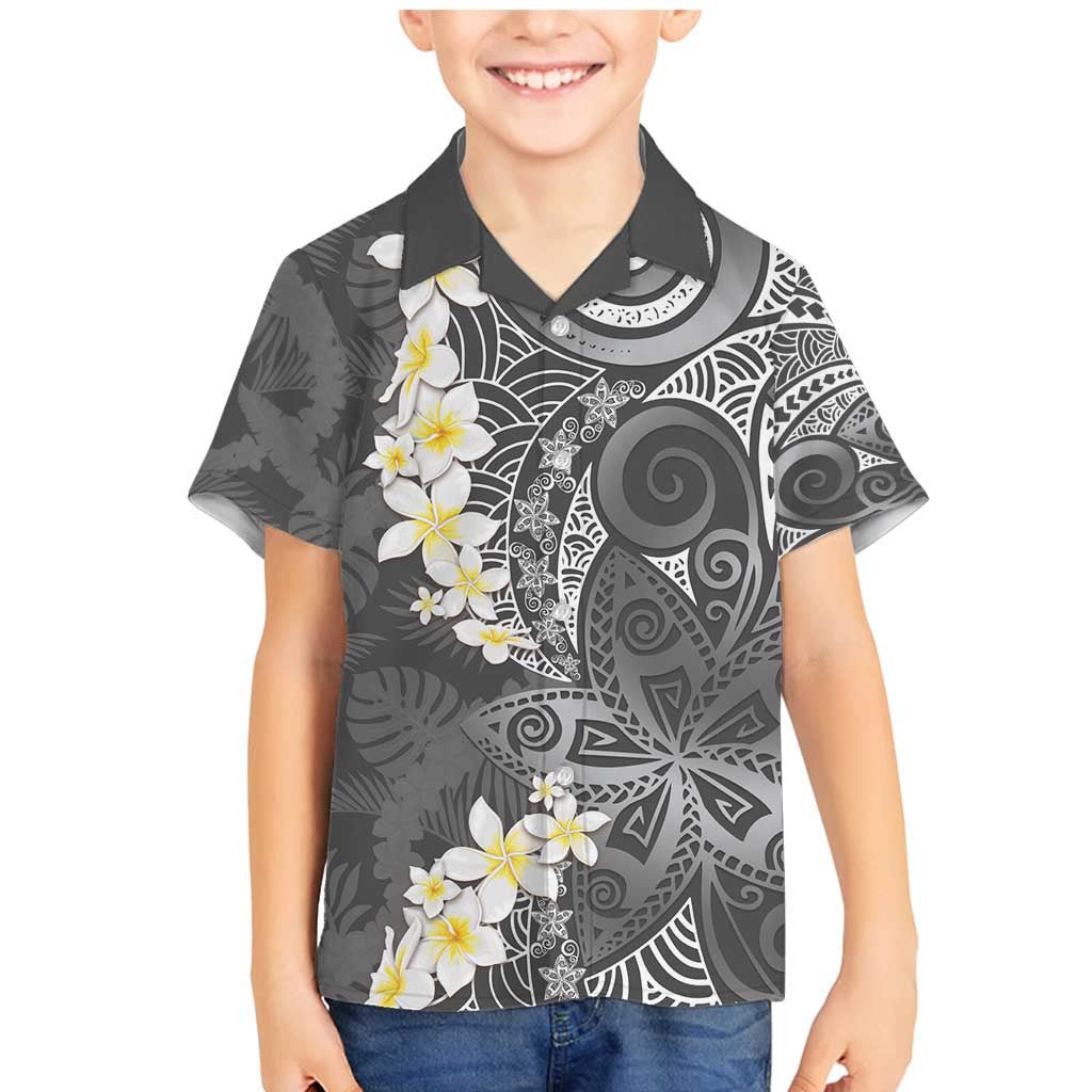 Gray Polynesian Tribal Frangipani Tropical Vibe Family Matching Mermaid Dress and Hawaiian Shirt