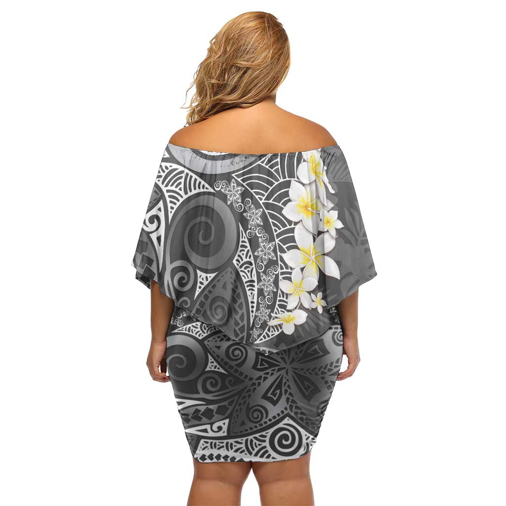Gray Polynesian Tribal Frangipani Tropical Vibe Family Matching Off Shoulder Short Dress and Hawaiian Shirt