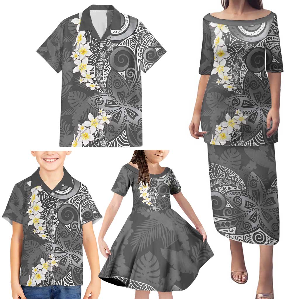 Gray Polynesian Tribal Frangipani Tropical Vibe Family Matching Puletasi and Hawaiian Shirt