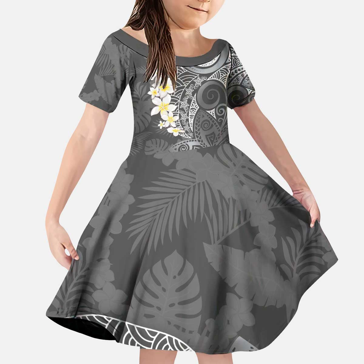 Gray Polynesian Tribal Frangipani Tropical Vibe Kid Short Sleeve Dress