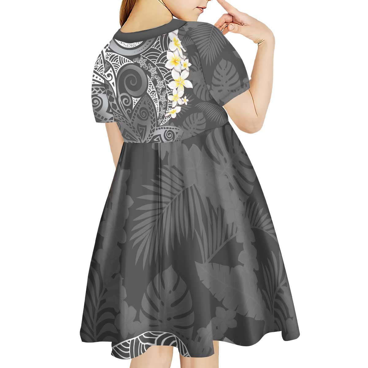 Gray Polynesian Tribal Frangipani Tropical Vibe Kid Short Sleeve Dress