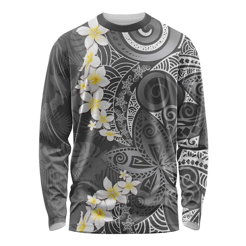 Gray Polynesian Tribal Frangipani Tropical Vibe Long Sleeve Shirt