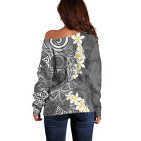 Gray Polynesian Tribal Frangipani Tropical Vibe Off Shoulder Sweater